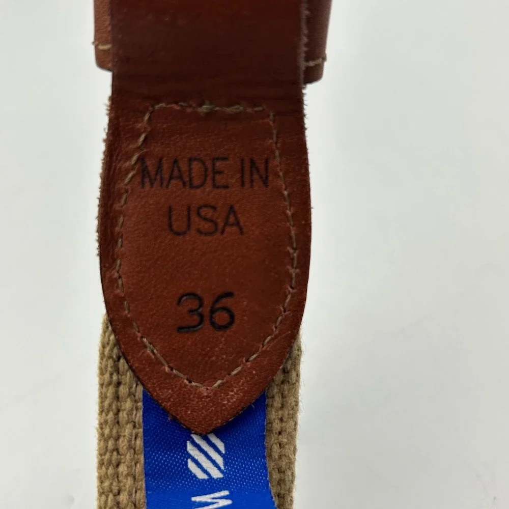 West Marine Belt Brown Tan Mens Size 36 Fish Embroidered Leather Canvas USA